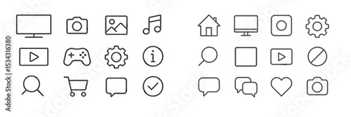 Collection of simple line icons representing various digital activities and objects for web design and applications
