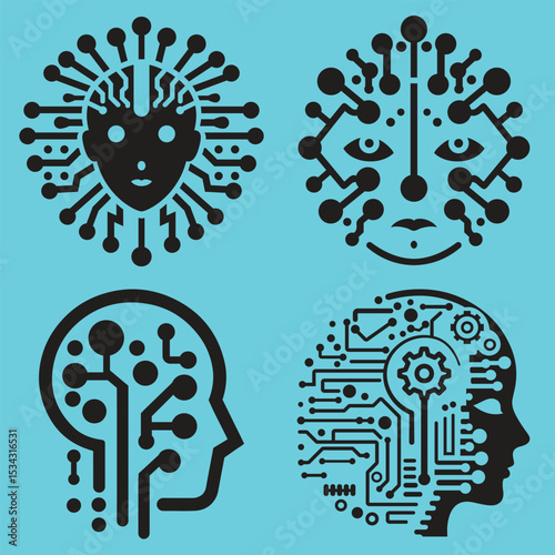 Silhouette Abstract Circular Circuit Board Icons Representing Digital Technology