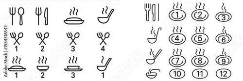Vector flat illustration of various dining utensils and steaming dishes arranged in a grid format