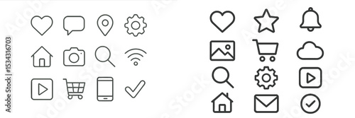 Vector flat illustration of various icons representing communication, shopping, and technology concepts in a simple design