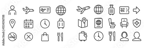 Travel related vector flat illustration featuring icons of transportation, luggage, and itinerary planning elements