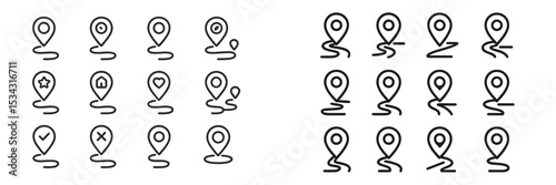 Multiple vector flat illustrations of location pins, showcasing various symbols and designs for navigation and mapping