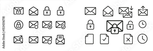 Collection of vector flat illustrations depicting secured and unsecure email icons with various features and symbols
