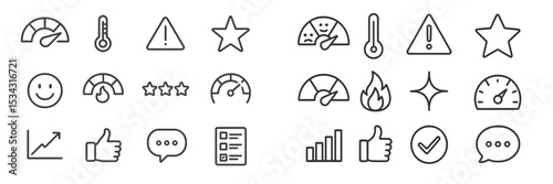 Vector flat illustration showcasing various icons representing temperature, alerts, ratings, and performance indicators in a minimalist design