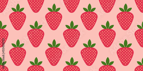 Seamless pattern with strawberries. The strawberries are drawn in a simple stylized form, with pink-red berries and green leaves on a light pink background.