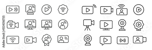 Flat vector illustration of multimedia and video streaming icons representing various digital communication tools and activities