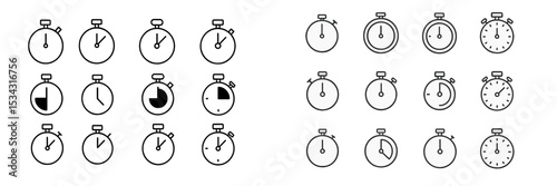 Vector flat illustration of various stopwatch designs demonstrating different timings and styles