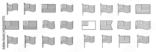 Multiple vector illustrations of American flags in various styles and orientations, showcasing a clean and minimalist design approach