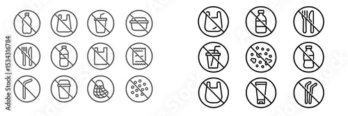 Vector flat illustration depicting various prohibitive symbols against single-use plastics in an eco-friendly context