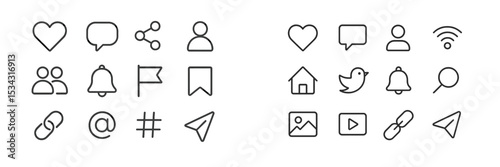 Flat vector illustration of social media icons and symbols used for digital communication and networking activities