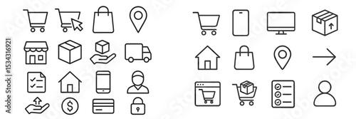 Vector flat illustration depicting various shopping and delivery icons in a modern e-commerce setting