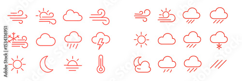 Weather symbols representation in flat vector illustration showcasing different atmospheric conditions and elements