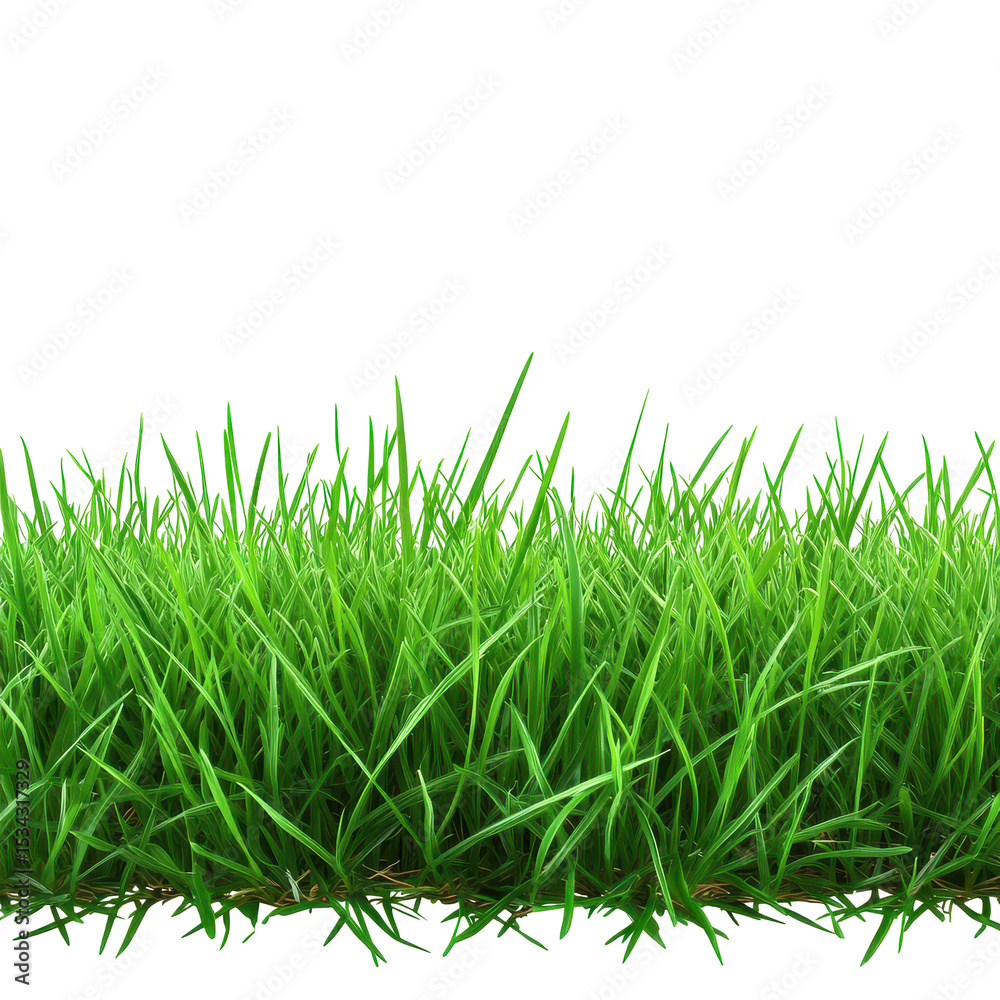 Fototapeta premium Vibrant Green Grass Meadow, A bright green grass meadow under a clear sky, showcasing the beauty of nature with its lush, healthy vegetation, isolated on transparent background