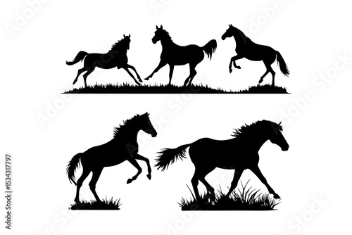 Set of horse silhouettes running wild in nature vector illustration