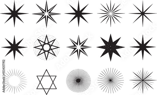 Celestial Shapes: A collection of intricate starburst and star icons in various styles, perfect for adding a touch of celestial wonder to your designs. 