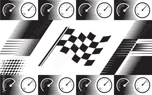 Racing to the Finish: A dynamic, monochromatic design featuring a checkered flag, speedometers, and graphic elements, evoking the thrill and speed of the race.