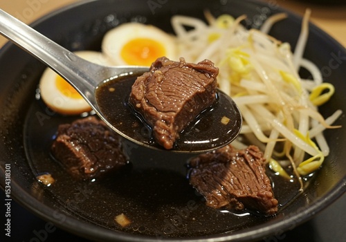 Close-up of savory beef noodle soup with egg and bean sprouts on a spoon photo