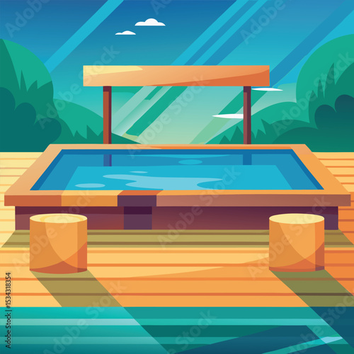A luxurious hotel swimming pool in the morning sun, perfect for a relaxing summer vacation
