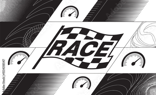 Race Flag Illustration: A dynamic illustration showcasing a checkered race flag emblazoned with the word "RACE," accompanied by speedometers against a grayscale backdrop.