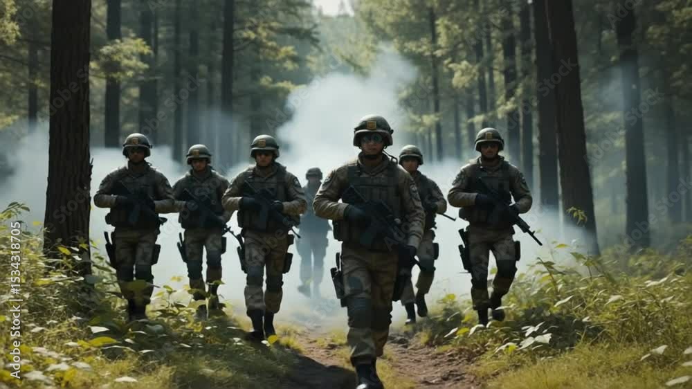 Group of Soldiers Marching Through a Forest with Smoke, In a Military Operation