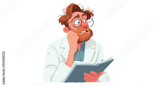 A digital illustration depicting a cartoon scientist with reddish-brown hair and a beard, wearing glasses and a white lab coat. He is holding a dark-grey notebook or clipboard and has a concerned