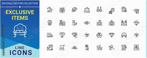 Exclusive Items linear icon set. It contains symbols to fashion, element, beauty, luxury, goods and more. Luxury Goods icon set. Outline symbol collection. Pixel perfect. Editable stroke.
