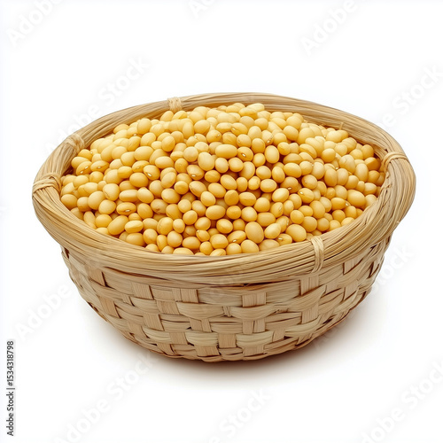 A bamboo basket of yellow beans and a glss of soy milk isolated on white background