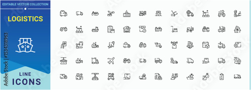 Logistics line icon set. Included express, cargo, client, product, business, international and more. Global icon set. Minimalist linear icons. Editable stroke collections.