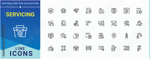 Servicing line icon set. Related to washing, cleaning, work, service, electrical and more. Maintenance modern icon set. Modern vector UI icons. Vector illustration.