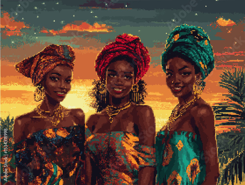Realistic Pixel Art of Three African Women Wearing Traditional African Attire with Cultural Patterns and Headwraps Sunsets Background
