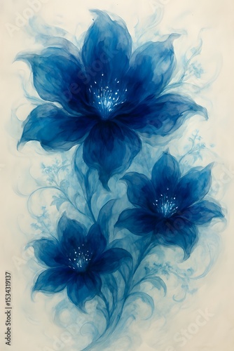 Elegant Blue Flowers with Intricate Petals and Swirling Vine Patterns on a Light Background. Blue floral background
