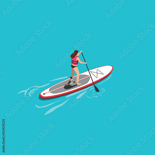 Person paddleboarding on red and white board on blue water, summer activity, wearing life vest, flat illustration