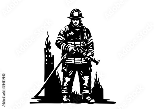 stencil, sign, icon, illustration, symbol, danger, firefighter, fire, protection, vector, safety, isolated, equipment, security, logo, pictogram, black, silhouette, white, design, flame, hose, 