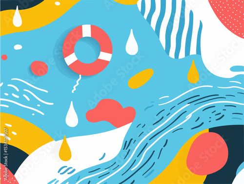 Playful Memphis Style Abstract Art Depicting a Swimming Theme with Dominant Blue Tones and Red Inflatable Ring Elements
