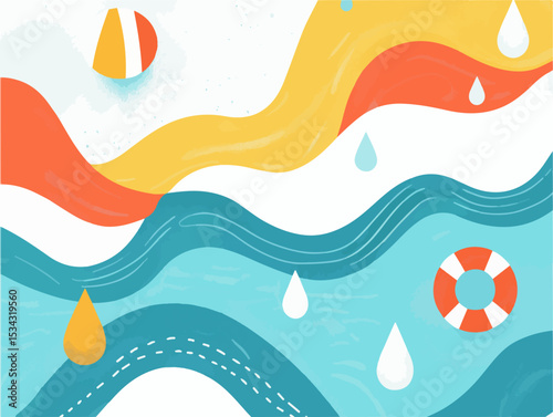 Memphis Style Abstract Art on Swimming Theme with Bold Blue Waves and Playful Geometric Elements