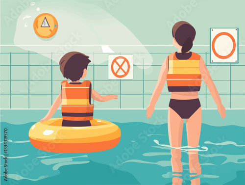 Flat Vector Illustration of Two Boys and a Woman Swimming and Reading a Wall Sign Inside a Public Pool Area