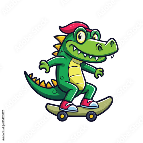 Cartoon crocodile riding a skateboard energetic vector illustration