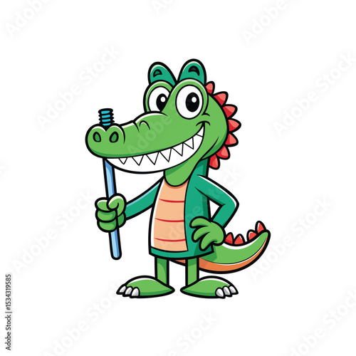 Happy cartoon crocodile holding toothbrush vector illustration