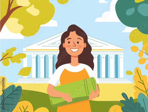 Whimsical Flat Vector Illustration of a Prosecutor on Day Off Preparing to Unroll a Yoga Mat in Front of the Courthouse