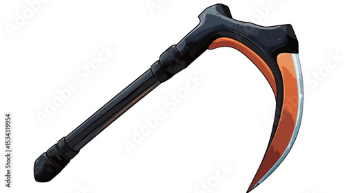 A digital illustration of a scythe with a long black handle and a curved orange and black blade. The image is isolated on a white background and appears to be digitally rendered, with smooth lines