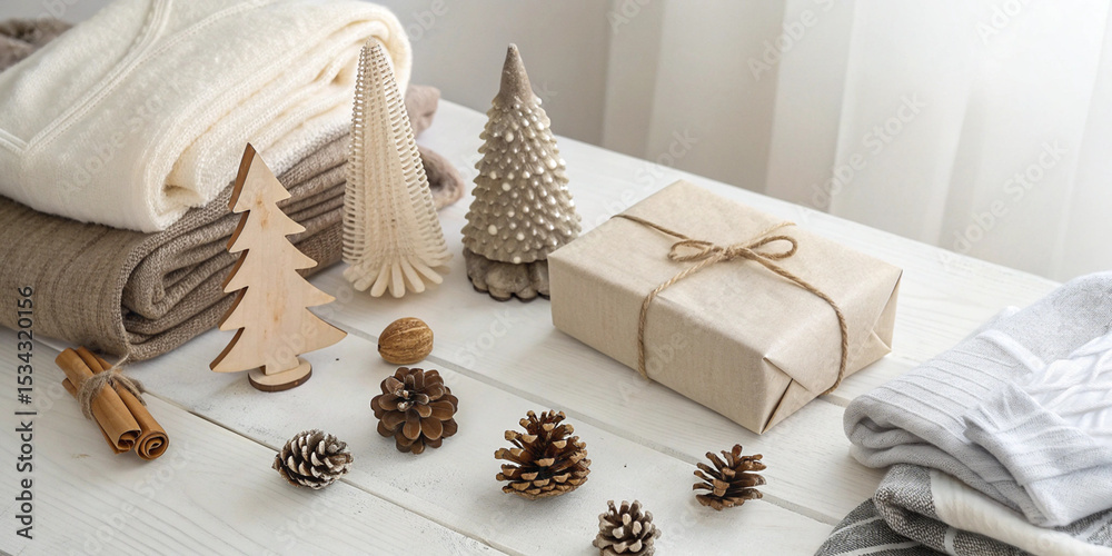Fototapeta premium Christmas presents wrapped in craft paper, warm cozy sweater, candle, decorative trees, pine cones and string lights creating cozy winter holiday atmosphere on wooden table