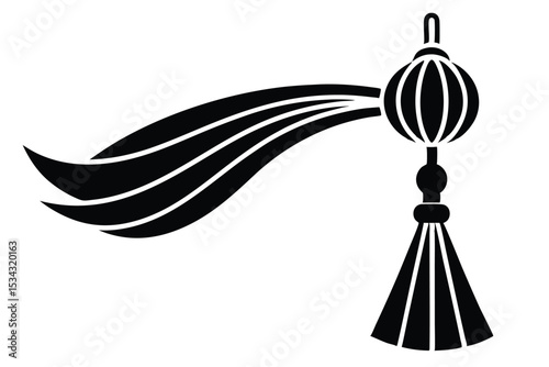 Black Graphic Design Element Decorative Tassel with Ribbon and Globe Ornament Illustration