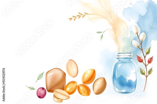 Watercolor background with health-themed objects and a bottle  