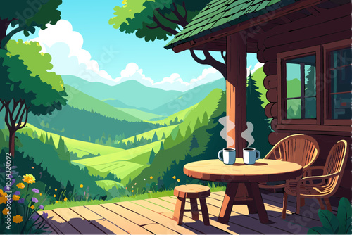 Mountain cabin porch with coffee and scenic view