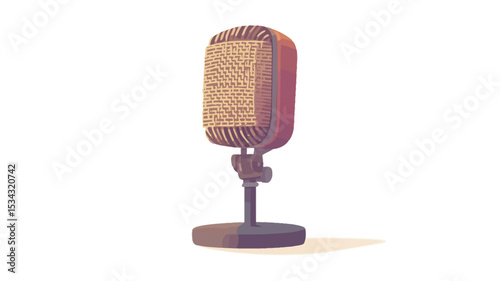 A digital illustration of a vintage microphone.  The microphone is depicted in a slightly stylized, almost cartoonish manner, with muted beige, brown, and purple tones. The microphone has 