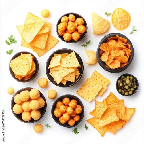 photo of , nachos, crisp, delicious, Assortment of cheesy junk foods like cheese balls, nacho chips, and stuffed cheese snacks arranged in bowls and scattered on a white background