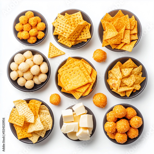 photo of , nachos, crisp, delicious, Assortment of cheesy junk foods like cheese balls, nacho chips, and stuffed cheese snacks arranged in bowls and scattered on a white background