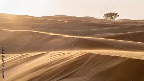 Desert sand dunes with golden tones and lone tree under clear sky