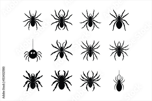 Spider Silhouette Icon Set – Creepy Insect Vector Collection for Halloween and Nature Designs

