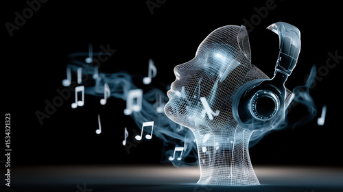 Digital humanoid head wearing headphones with musical notes floating around, symbolizing fusion of technology and music